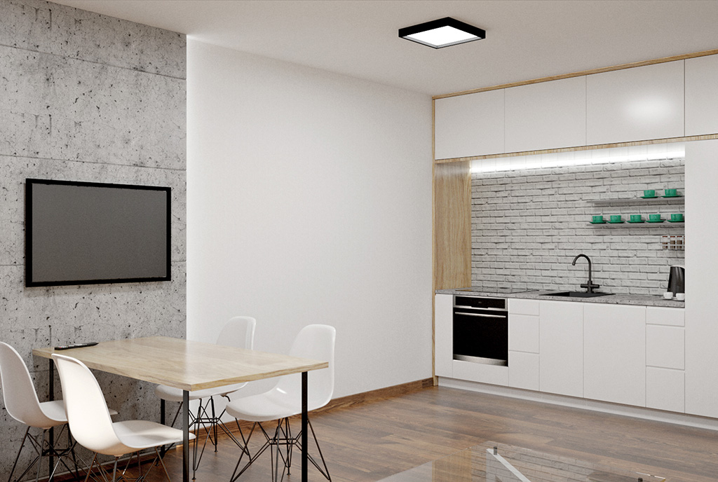 widok na nowoczesną jadalnią i aneks kuchenny w luksusowym apartamencie do sprzedaży Częstochowa