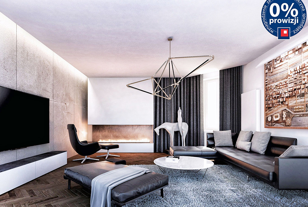 zaprojektowany w nowoczesnym stylu salon w luksusowym apartamencie do sprzedaży Kraków