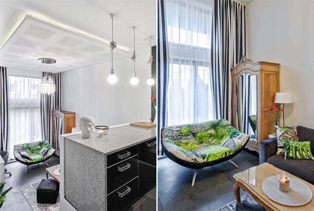 po lewej salon, po prawej pokój w luksusowym apartamencie do wynajmu Szczecin (okolice)
