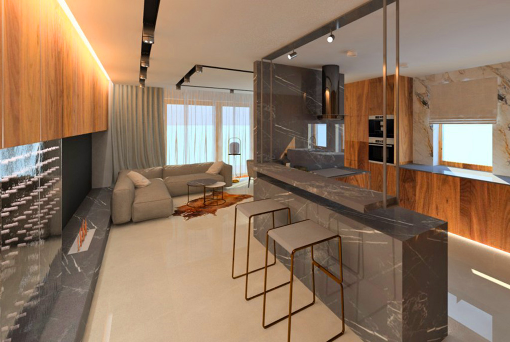 na pierwszym planie aneks kuchenny, w dalszej części salon w luksusowym apartamencie do sprzedaży Piotrków Trybunalski