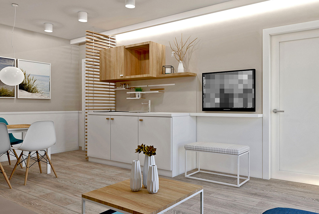 zaprojektowane w nowoczesnym designie wnętrze luksusowego apartamentu na sprzedaż nad morzem