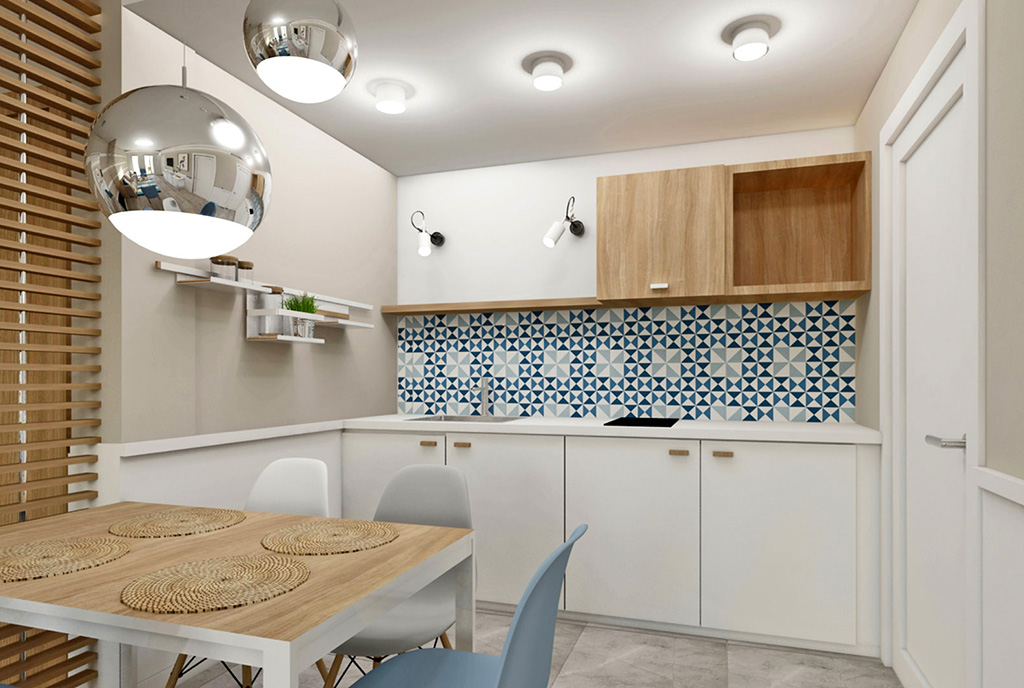 widok na jadalnię i aneks kuchenny w luksusowym apartamencie na sprzedaż nad morzem