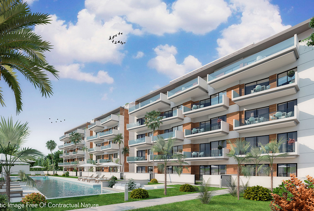 widok od strony baseny na ekskluzywny apartamentowiec, w którym znajduje się oferowany na sprzedaż luksusowy apartament Hiszpania (Guardamar De Segur)
