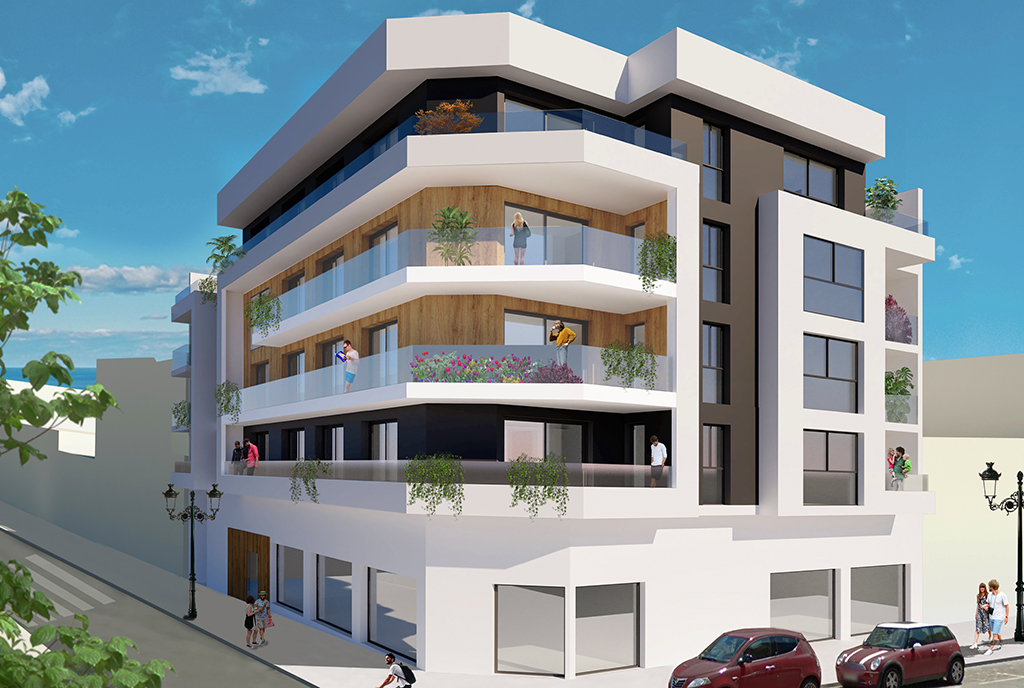 widok na apartamentowiec, w którym znajduje się oferowany do sprzedaży ekskluzywny apartament Hiszpania (Guardamar De Segur)