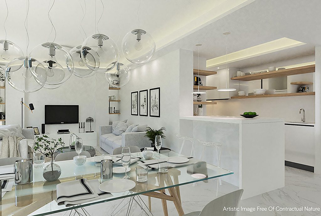 widok z kuchni na ekskluzywny salon w luksusowym apartamencie do sprzedaży Hiszpania (Guardamar De Segur)