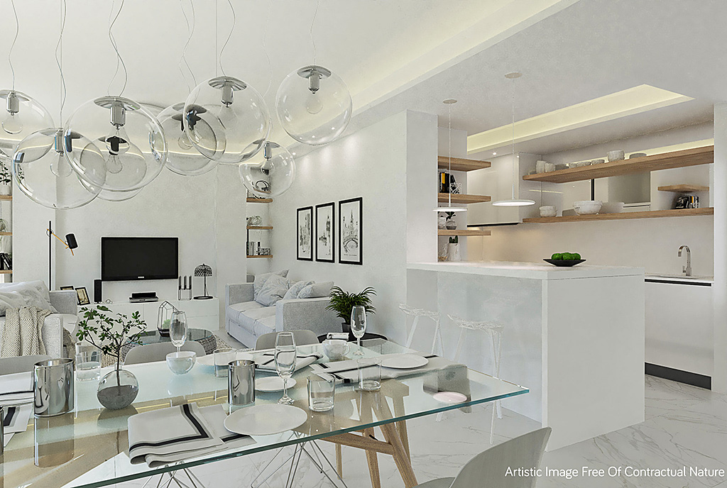 widok z kuchni na ekskluzywny salon w luksusowym apartamencie do sprzedaży Hiszpania (Guardamar De Segur)