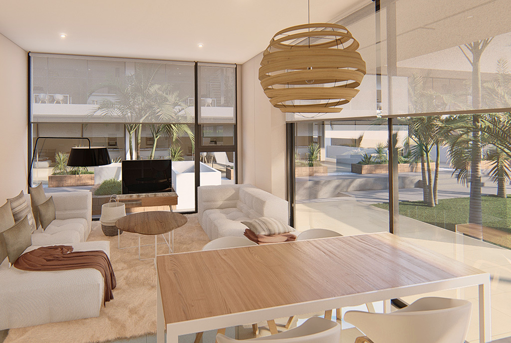nowoczesny design salonu w ekskluzywnym apartamencie na sprzedaż Hiszpania (Mar de Cristal)
