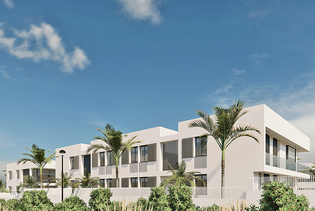 widok od strony ogrodu na luksusowy apartamentowiec, w którym znajduje się oferowany na sprzedaż ekskluzywny apartament Hiszpania (Mar de Cristal)