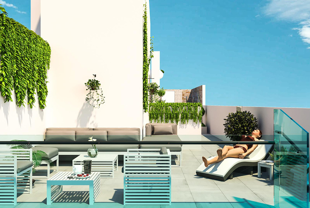 widok na taras oraz basen przy luksusowym apartamencie do sprzedaży Hiszpania (Torreviej)
