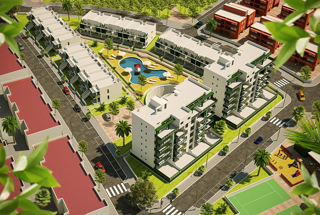 rzut z lotu ptaka na osiedle, na którym znajduje się oferowany do sprzedazy luksusowy apartament Mil-Pamlera-Hiszpania