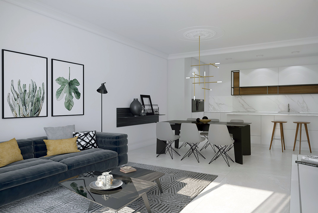 widok z salonu na aneks kuchenny w ekskluzywnym apartamencie do sprzedaży Hiszpania (Orihuel)