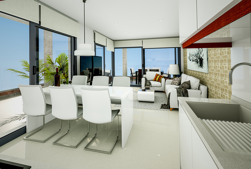 na pierwszym planie jadalnia, w oddali salon w ekskluzywnym apartamencie do sprzedaży Hiszpania (Torreviej)