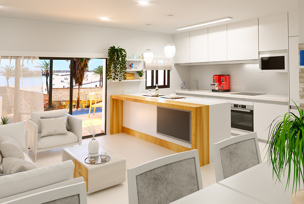 nowoczesny salon w ekskluzywnym apartamencie na sprzedaż Torreviej (Hiszpania)