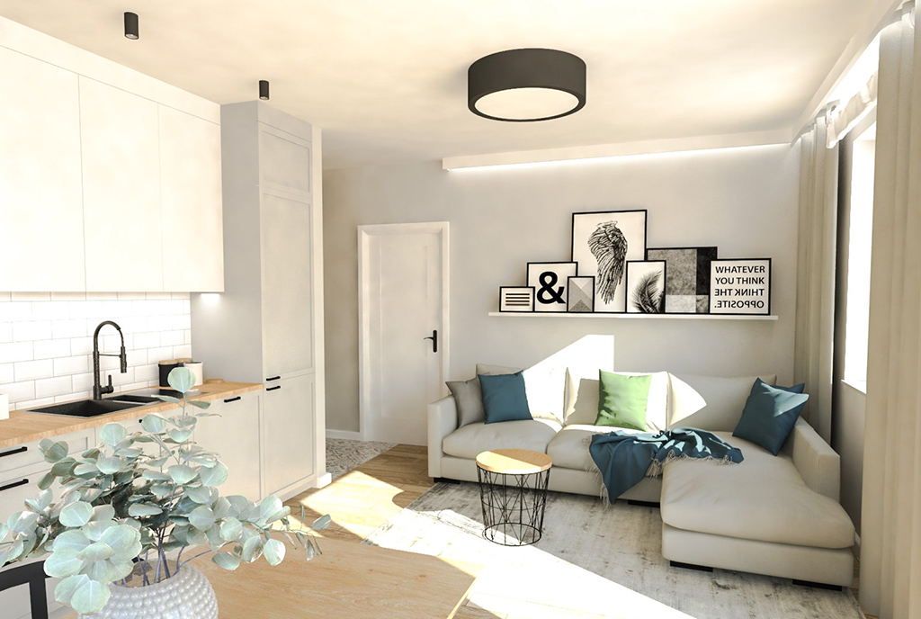 widok z innej perspektywy na pokój dzienny w luksusowym apartamencie na sprzedaż Ostrów Wielkopolski