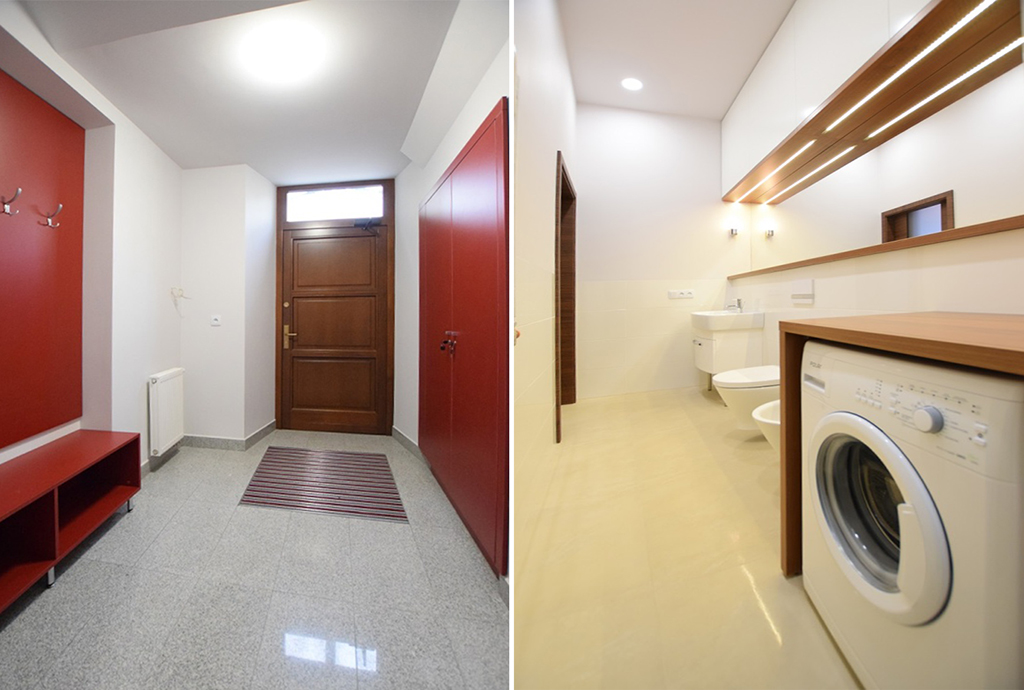 po lewej hol, po prawej kuchnia w luksusowym apartamencie na wynajem Suwałki