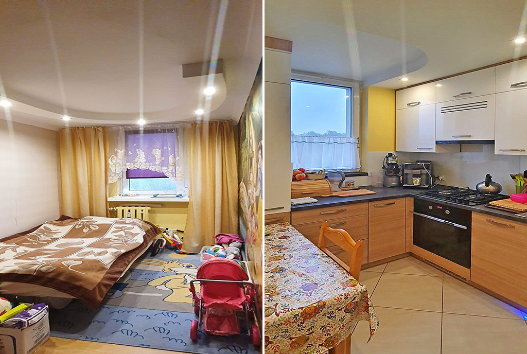 po lewej sypialnia, po prawej kuchnia w ekskluzywnym apartamencie do sprzedaży Chrzanów (okolice)