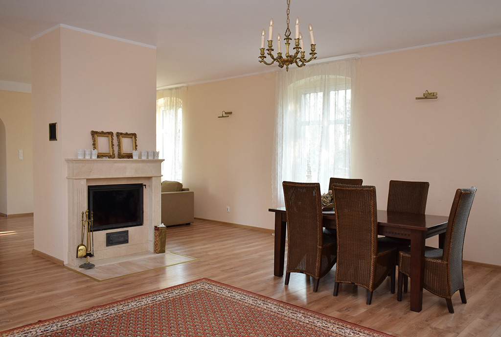 na zdjęciu salon oraz kominek w luksusowym pałacu do sprzedaży dolnośląskie