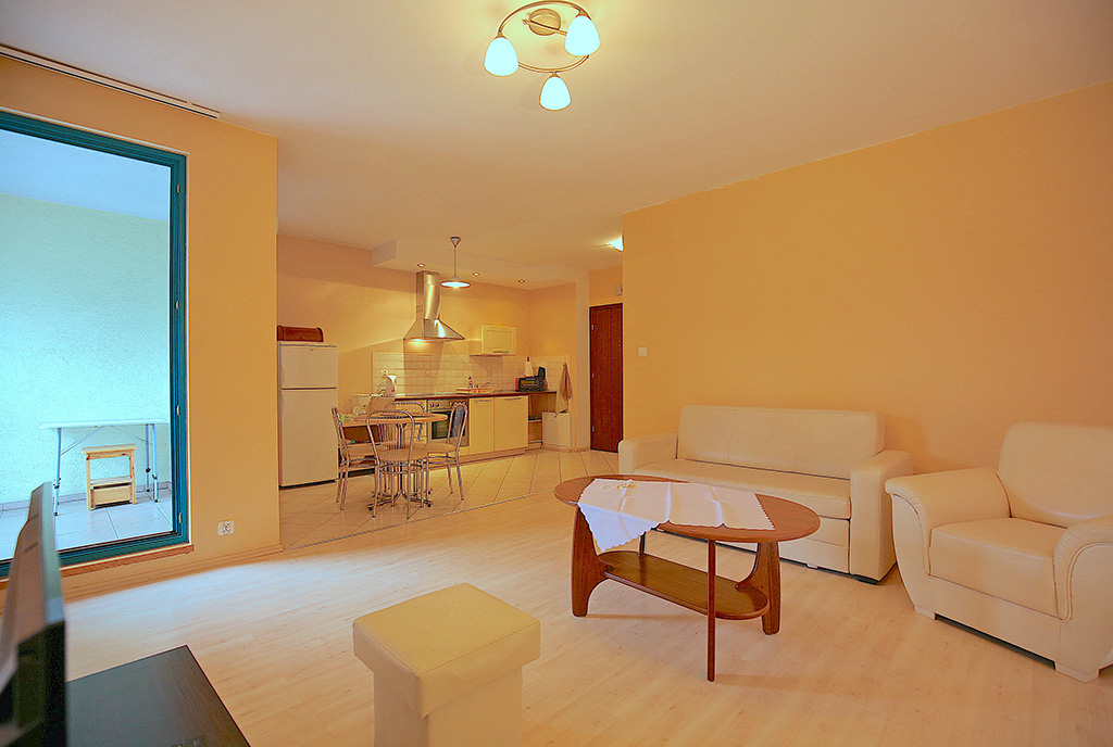 widok z salonu na aneks kuchenny w luksusowym apartamencie do wynajmu Szczecin