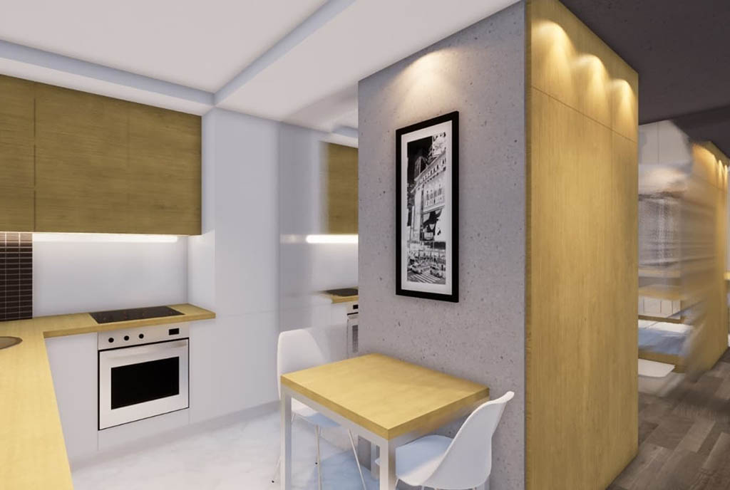 widok na aneks kuchenny w ekskluzywnym apartamencie do sprzedaży Kalisz