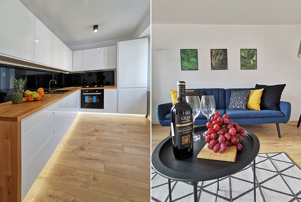 po lewej kuchnia, po prawej salon w ekskluzywnym apartamencie na sprzedaż Grudziądz