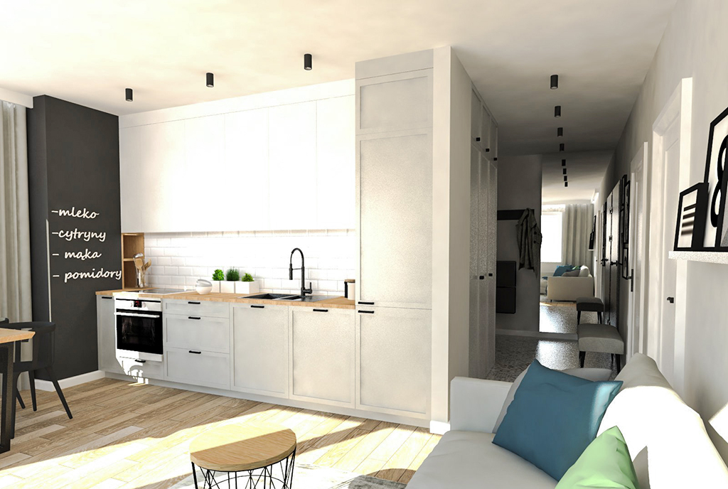 po lewej kuchnia, po prawej hol w luksusowym apartamencie na sprzedaż Ostrów Wielkopolski