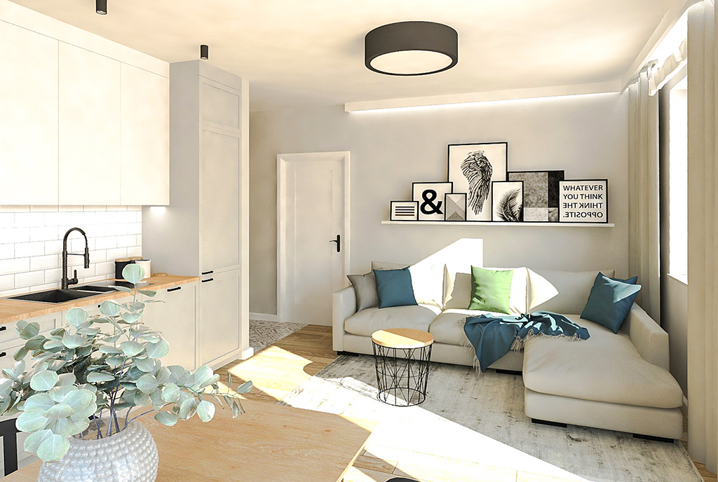 widok z innej perspektywy na pokój dzienny w luksusowym apartamencie do sprzedaży Ostrów Wielkopolski