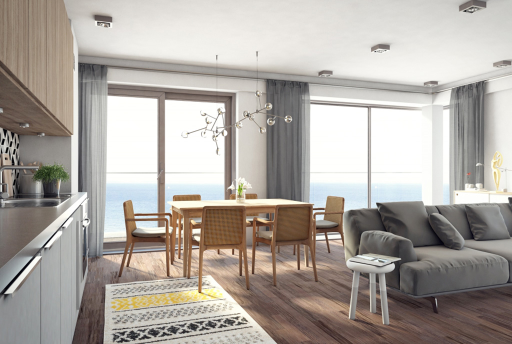 komfortowy salon w luksusowym apartamencie do sprzedaży nad morzem