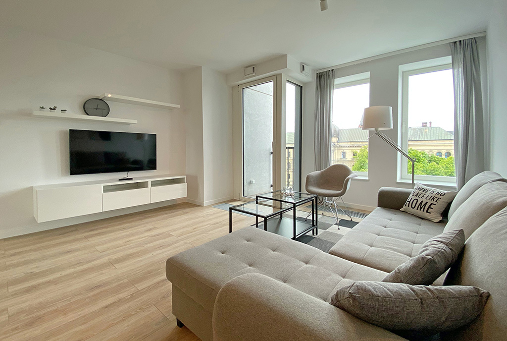 komfortowy salon w ekskluzywnym apartamencie do wynajęcia Szczecin
