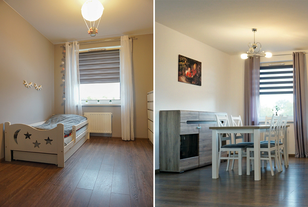 po lewej pokój dla dziecka, po prawej kuchnia w luksusowym apartamencie na sprzedaż Legnica