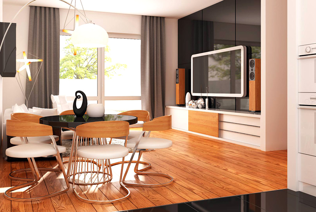 wizualizacja prezentująca przykładową aranżację salonu w ekskluzywnej willi do sprzedaży Kalisz