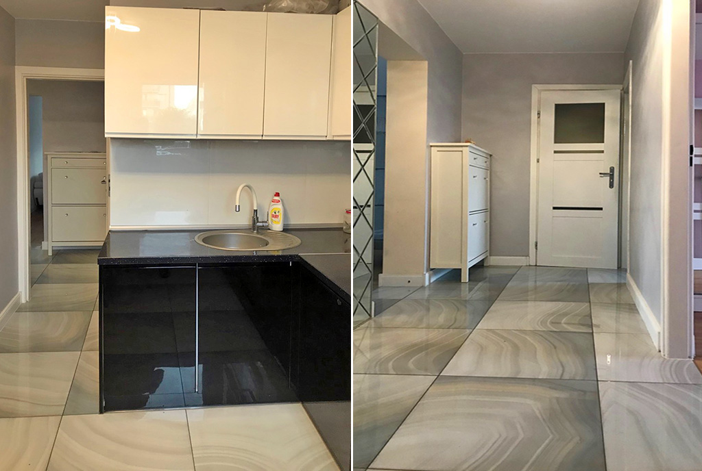 po lewej kuchnia, po prawej przedpokój w luksusowym apartamencie na sprzedaż Wieluń