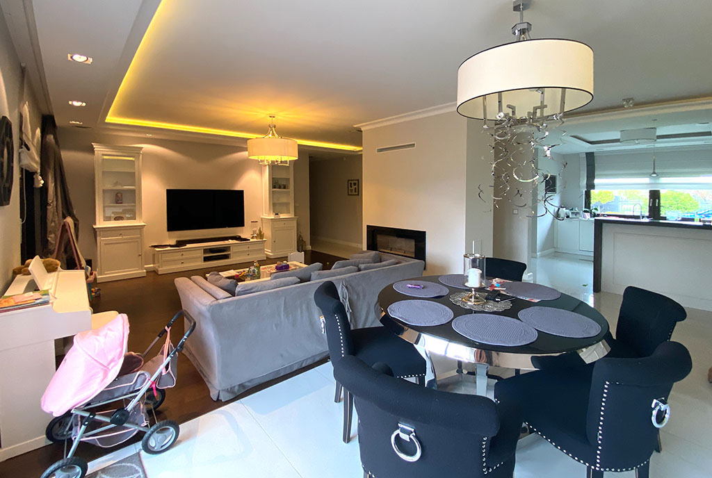 designerski projekt salonu w ekskluzywnej willi do wynajęcia Szczecin (okolice)