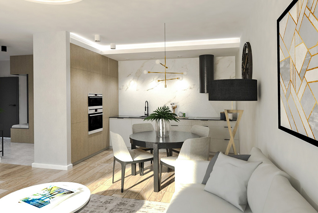 widok na jadalnię i aneks kuchenny w luksusowym apartamencie na sprzedaż Ostrów Wielkopolski