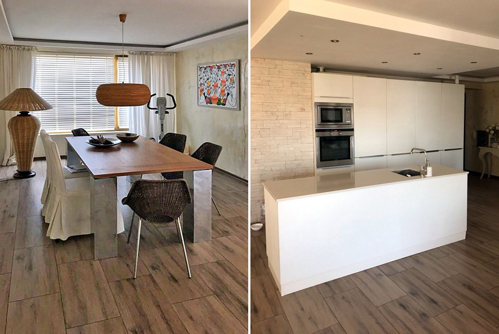na pierwszym planie jadalnia i pokój dzienny w luksusowym apartamencie do sprzedaży Bułgaria