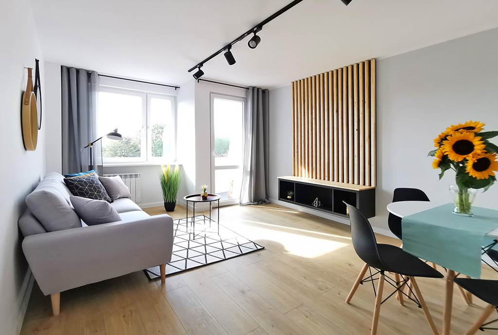 nowocześnie zaaranżowany salon w luksusowym apartamencie na sprzedaż Kwidzyn