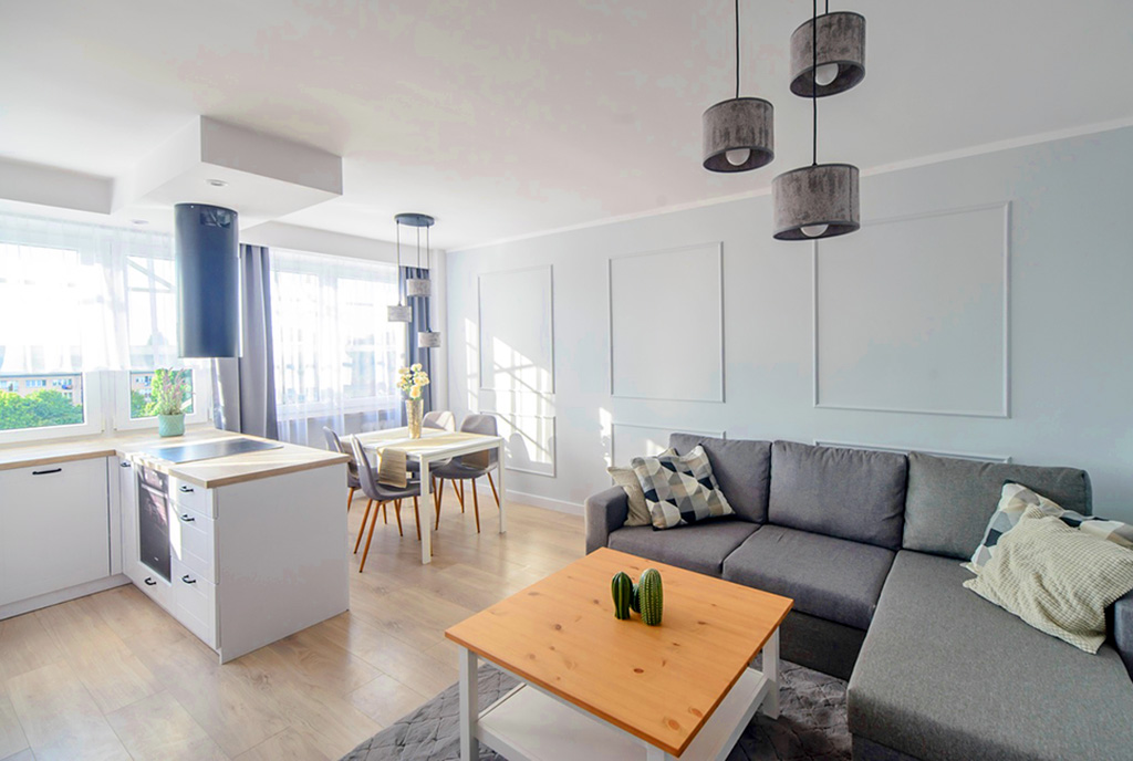 nowoczesny aranż salonu w ekskluzywnym apartamencie do sprzedaży Szczecin