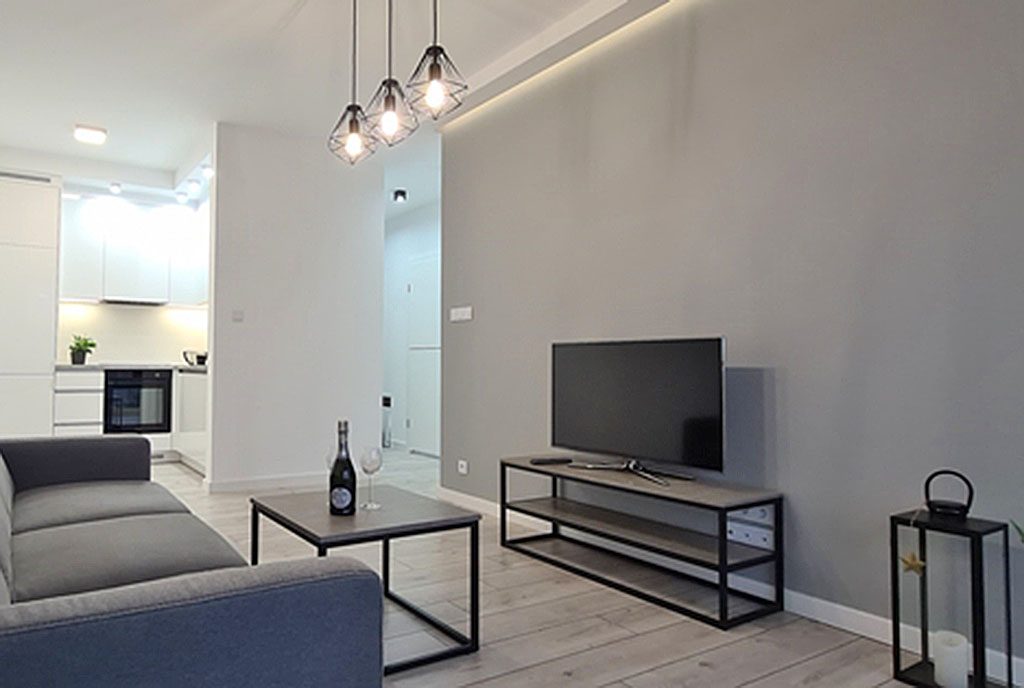 nowoczesny salon w ekskluzywnym apartamencie do wynajęcia Wieluń