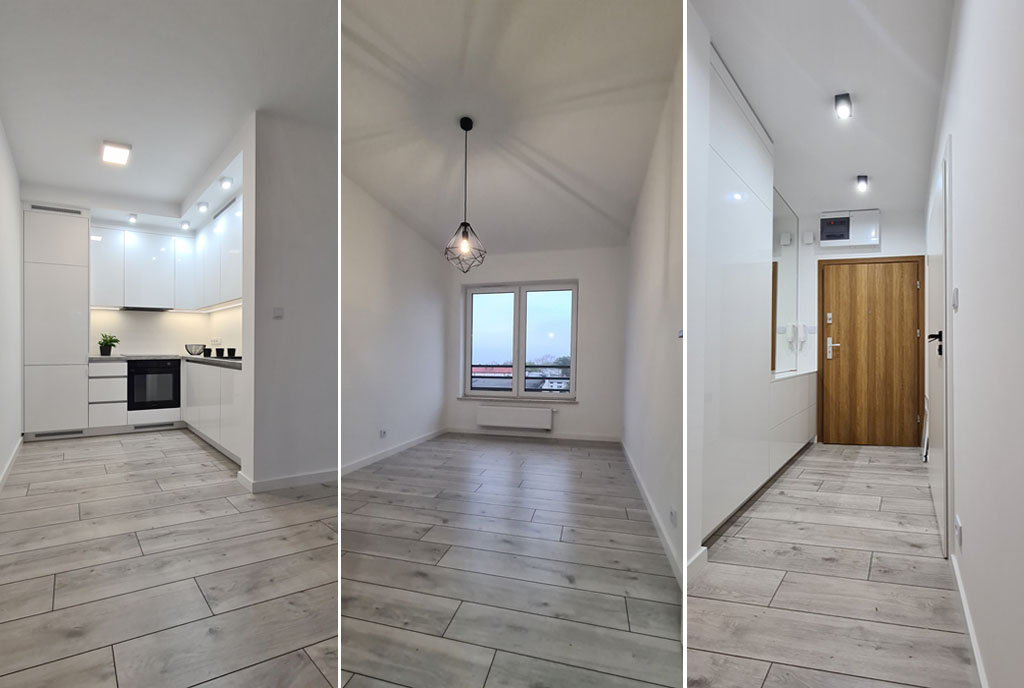 3 ujęcia przestronnego wnętrza w luksusowym apartamencie na wynajem Wieluń