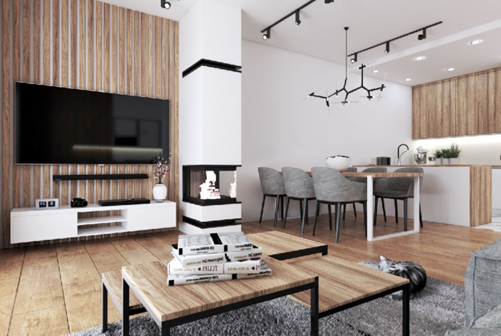 zaprojektowane w nowoczesnym designie wnętrze salonu w ekskluzywnej willi na sprzedaż Legnica (okolice)