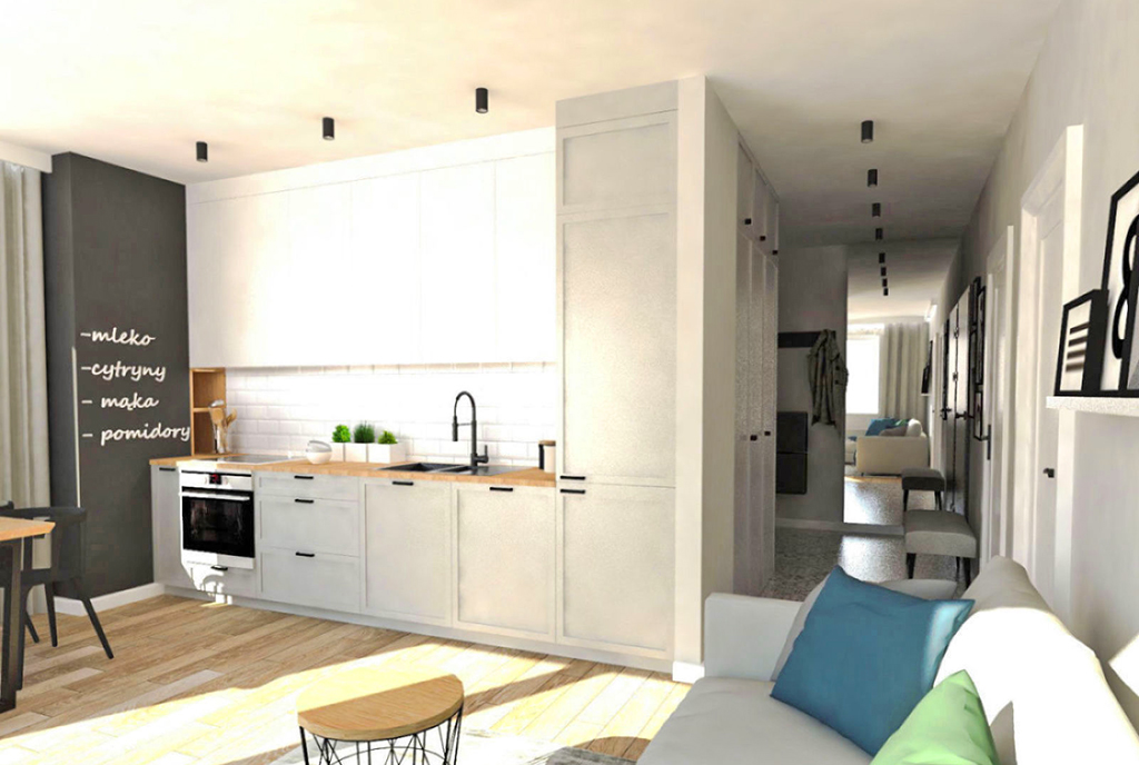 widok z salonu na aneks kuchenny w luksusowym apartamencie na sprzedaż Ostrów Wielkopolski