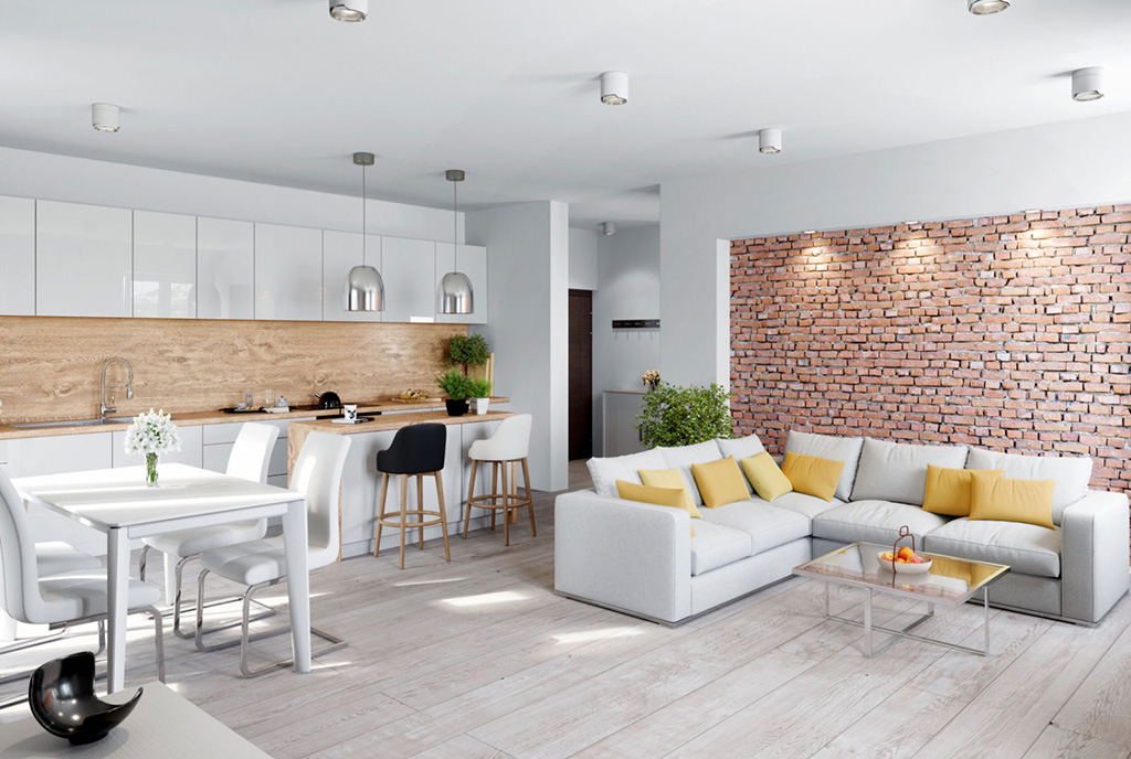 widok z salonu na aneks kuchenny i jadalnię w ekskluzywnym apartamencie do sprzedaży Legnica