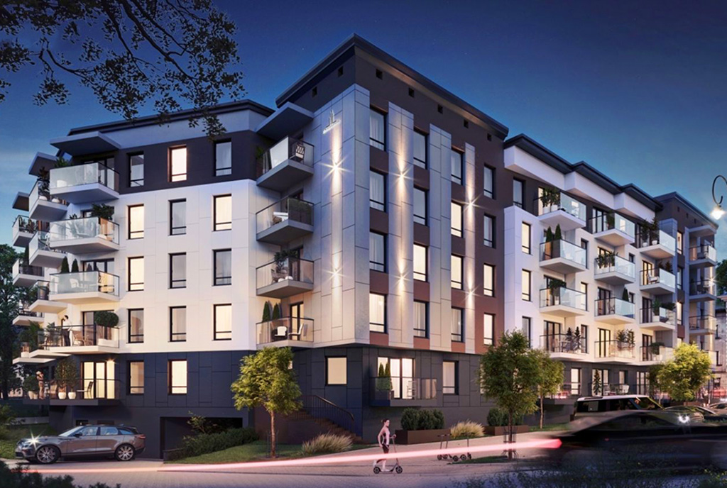 widok na apartamrentowiec, w którym znajduje się oferowany na sprzedaż ekskluzywny apartament na sprzedaż Legnica