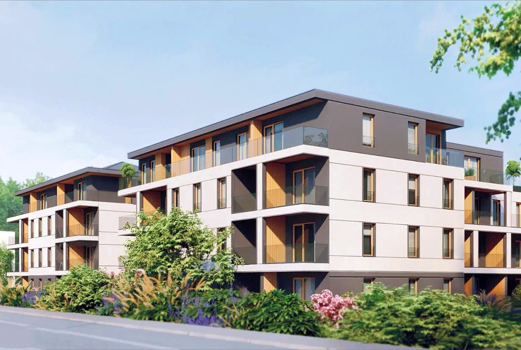widok na apartamentowiec, w którym znajduje się oferowany na sprzedaż ekskluzywny apartament Mazury