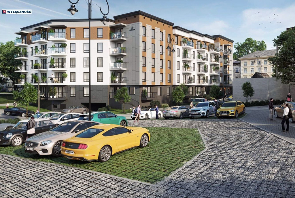 zdjęcie/wizualizację wykonano od strony parkingu na apartamentowiec, gdzie mieści się oferowany na sprzedaż luksusowy apartament Legnica