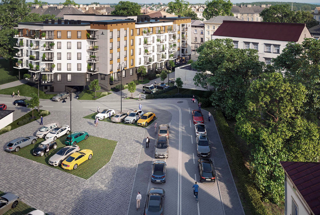 rzut z lotu ptaka na osiedle, gdzie mieści się oferowany na sprzedaż luksusowy apartament Legnica