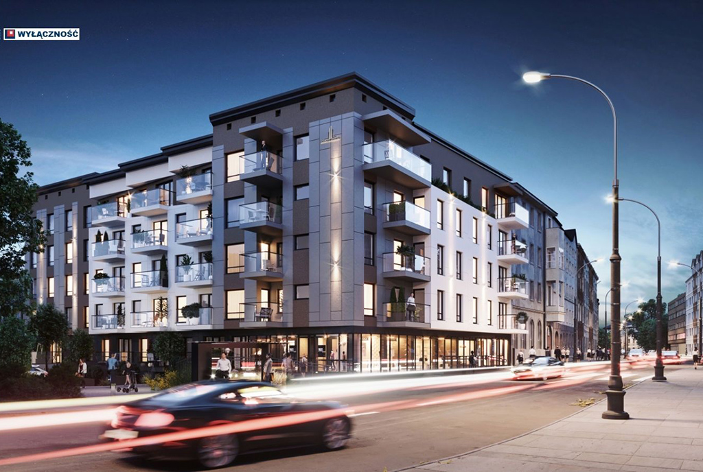 nocna wizualizacja od ulicy budynku, gdzie mieści się oferowany do sprzedaży ekskluzywny apartament do sprzedaży Legnica