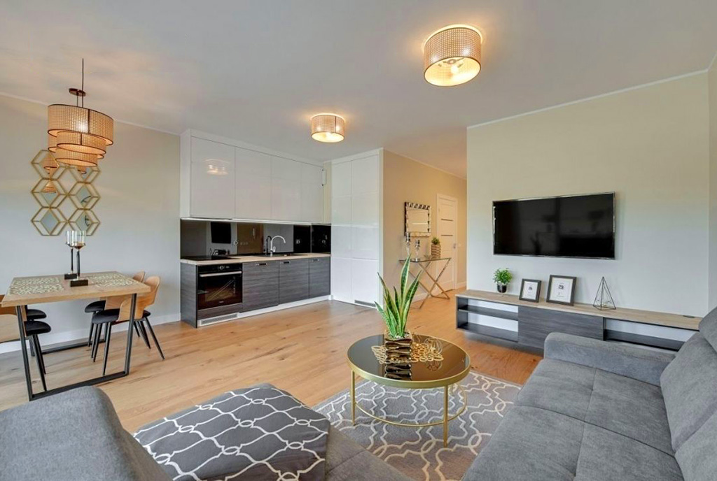 nowoczesny salon w ekskluzywnym apartamencie do sprzedaży Pruszcz Gdański