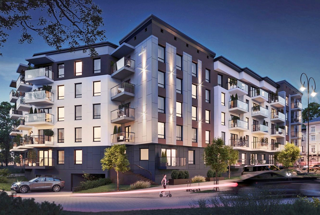 zdjęcie nocne prezentujące budynek, gdzie mieści się oferowany na sprzedaż luksusowy apartament Legnica