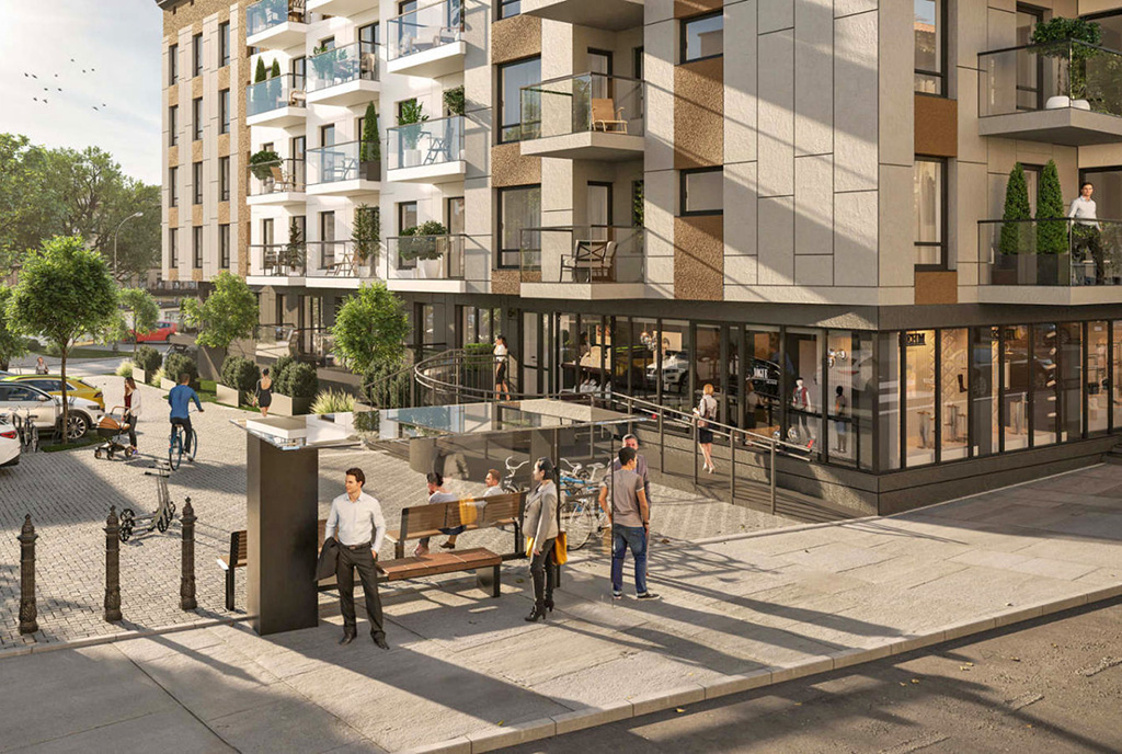 lokale usługowe na parterze apartamentowca, gdzie znajduje się oferowany na sprzedaż luksusowy apartament Legnica