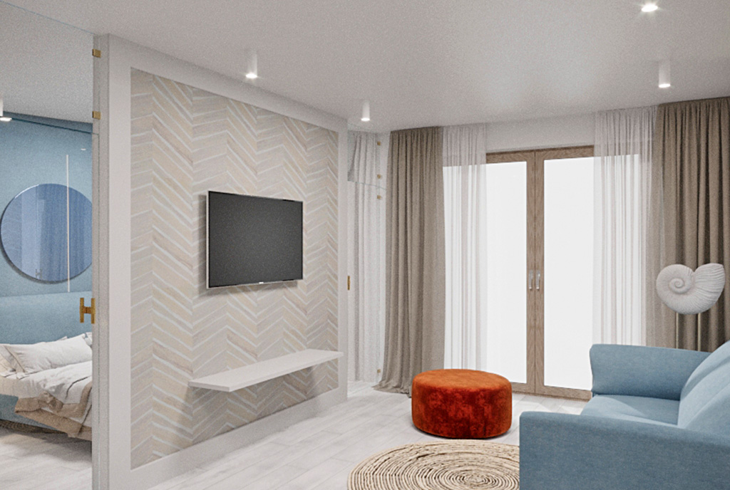 wizualizacja salonu w nowoczesnym stylu w ekskluzywnym apartamencie na sprzedaż nad morzem